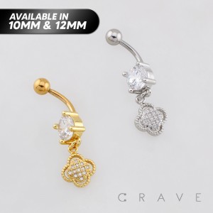 DANGLING MULTI CZ CLOVER CHARM DANGLE BELLY BUTTON NAVEL RING 316L SURGICAL STEEL